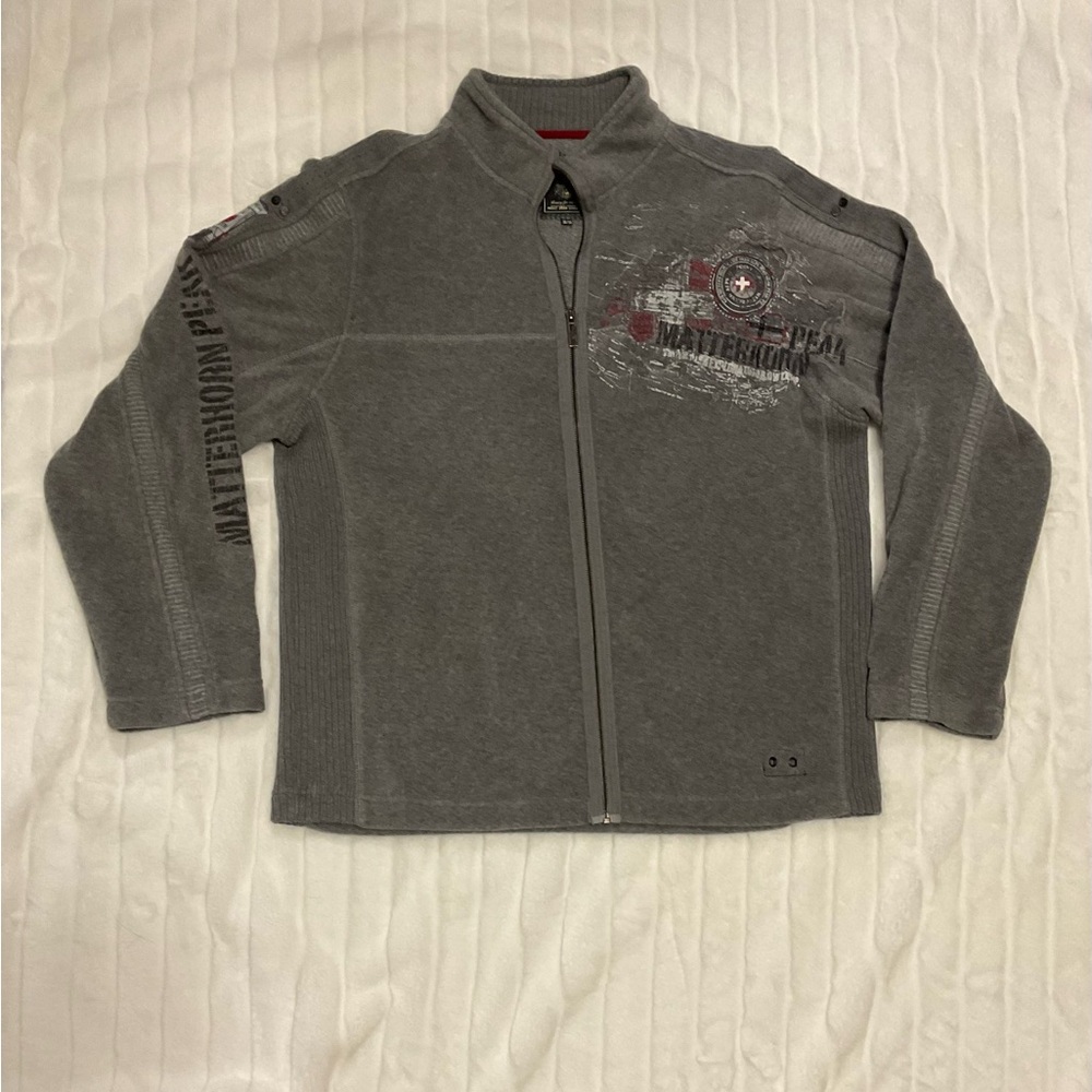 Y2K Point Zero Gray and Red Polar Fleece Full-Zip Jacket